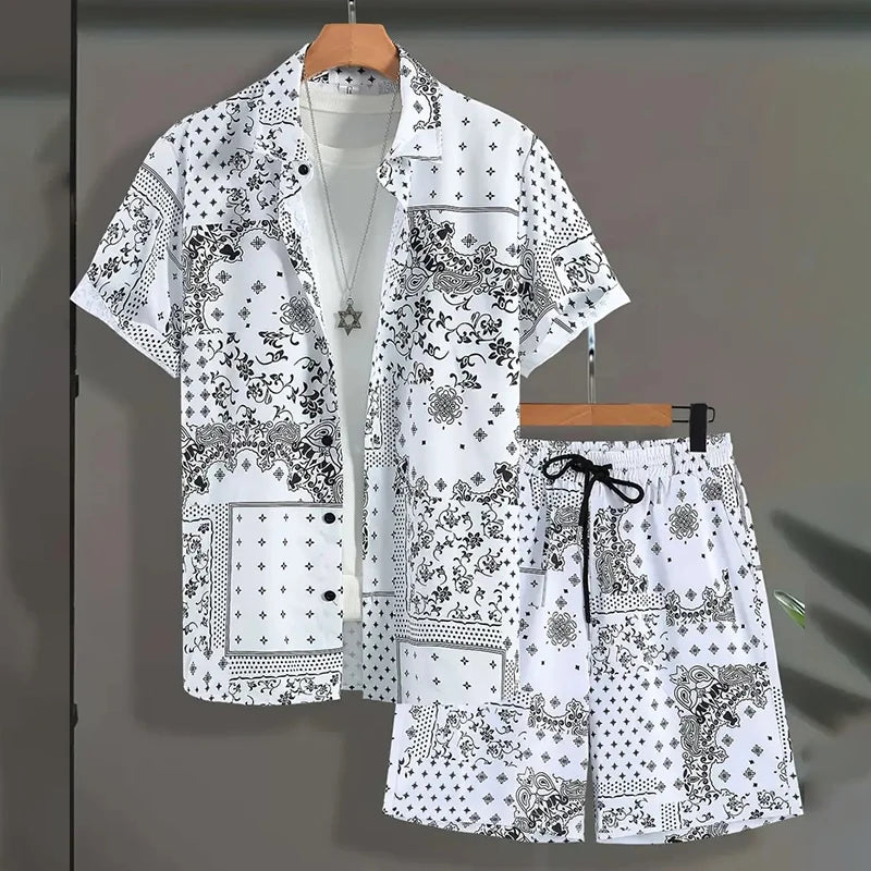 New Men Summer Holiday Suit Textured Printed Shirt Short Sleeve, Two Piece Men Breathable Pool Suit.