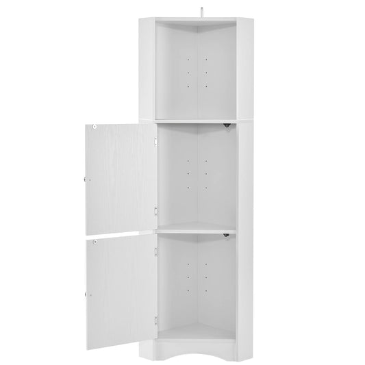 Meuble d'angle de salle de bain haut, meuble de rangement sur pied avec portes et étagères réglables.