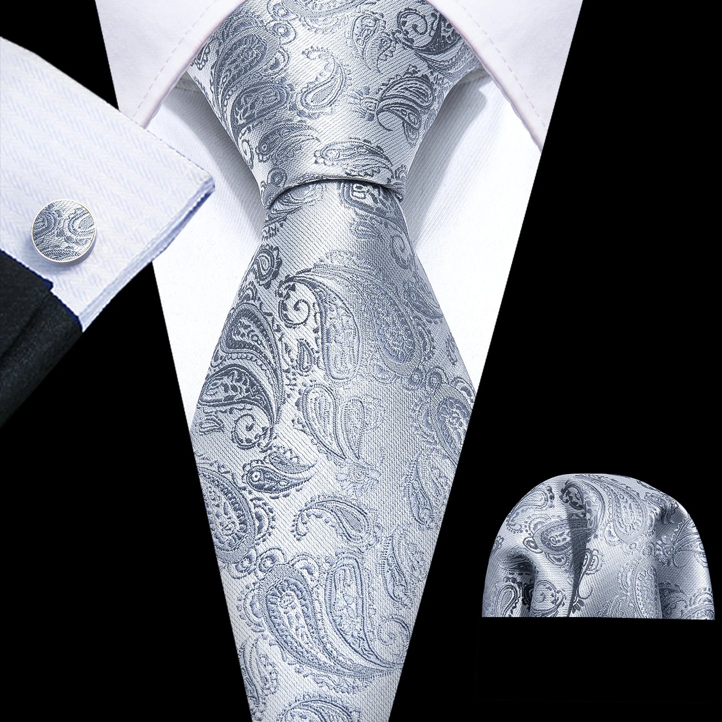 Black White Gray Silver Men Tie Handkerchief Cufflinks Set.