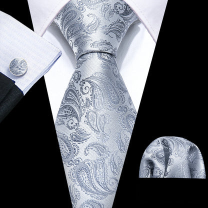 Black White Gray Silver Men Tie Handkerchief Cufflinks Set.