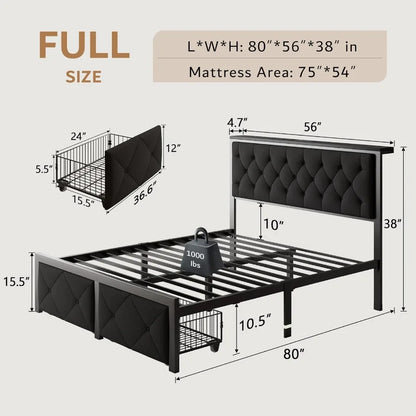 Full Bed Frame with 2 Storage Drawers Upholstered Headboard  Charging Station No Box Spring Needed Metal