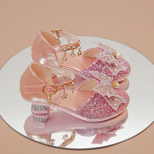 Girls High Heeled Leather Shoes, High Heels for Wedding, with Bow-knot Pendant.