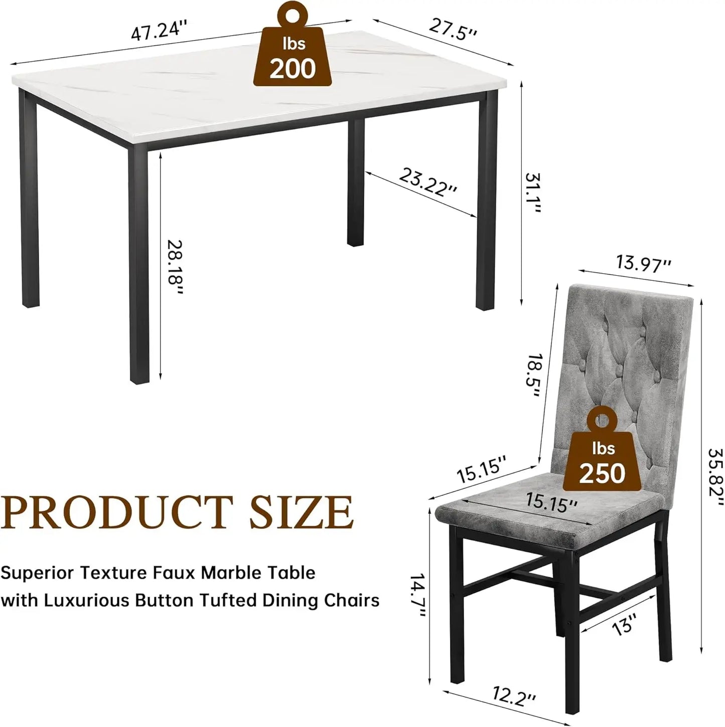 Dining Table Set for 4, Faux Marble Small Kitchen Table, Chairs Set of 4 with Luxurious Button Tufted Chairs.