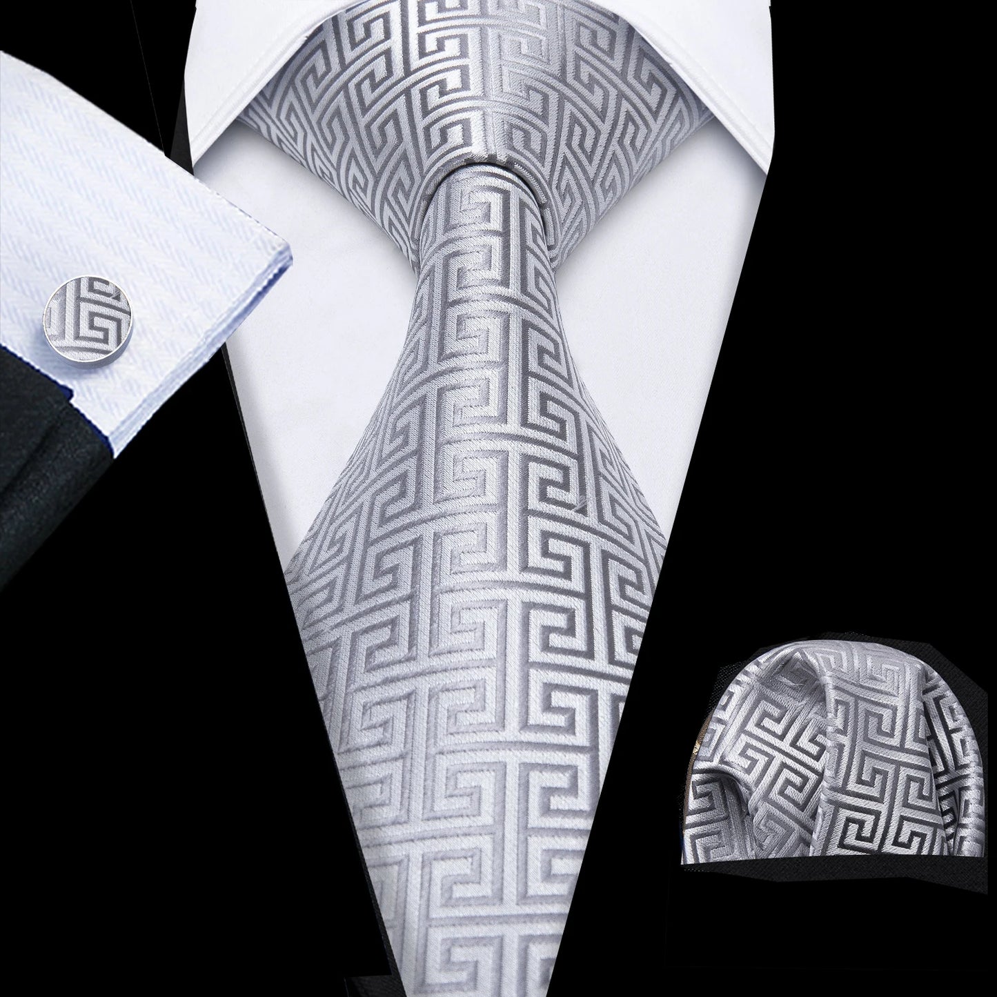 Black White Gray Silver Men Tie Handkerchief Cufflinks Set.