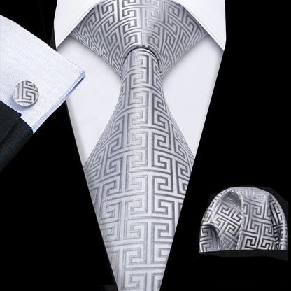 Black White Gray Silver Men Tie Handkerchief Cufflinks Set.