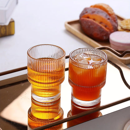 6pcs, 200ml/6.8oz Stackable Ribbed Glass Cups, Iced Coffee , Juice Cups,  Reusable Glass Cups.