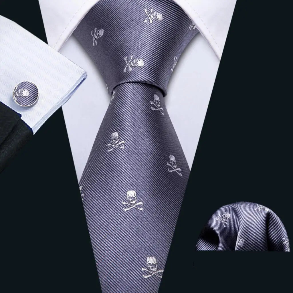 Black White Gray Silver Men Tie Handkerchief Cufflinks Set.