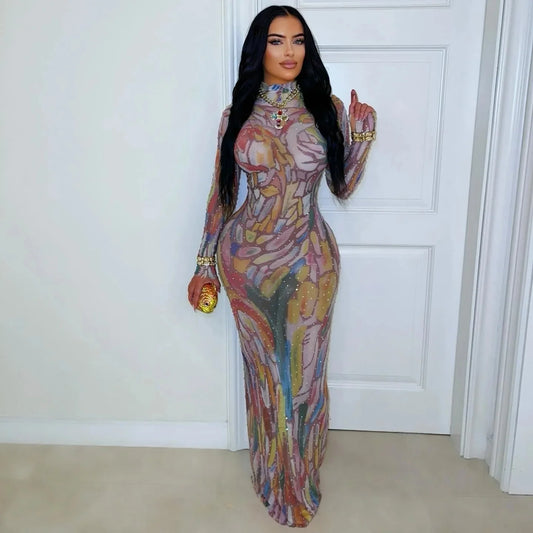 Designer Performance Outfit, Long Sleeve Water-Media Net, Diamond-Heated Sexy High-Elastic Birthday, Dance, Party Gown.