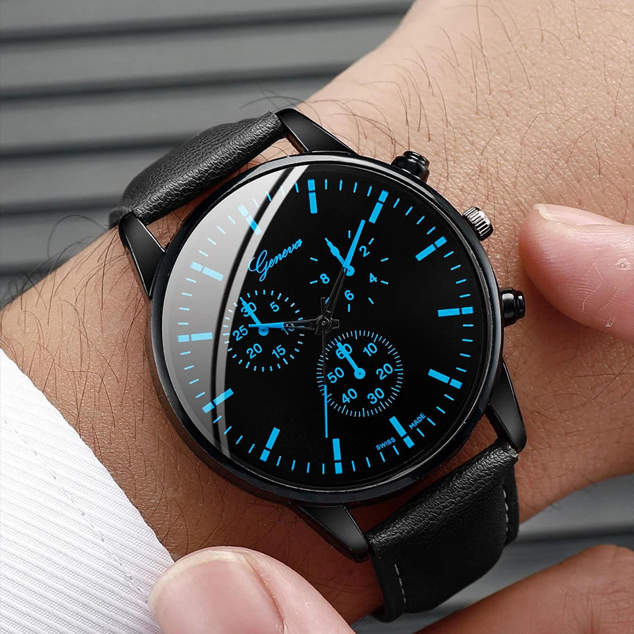 3PCS/Set Men Business Watches  Leather Band Analog Male's Quartz Watch Necklace Bracelet Set.