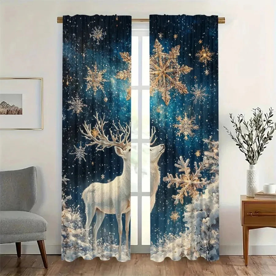 2pcs Sparkling Snowflake Deer Curtain, Winter Window Decor Polyester Drapes.