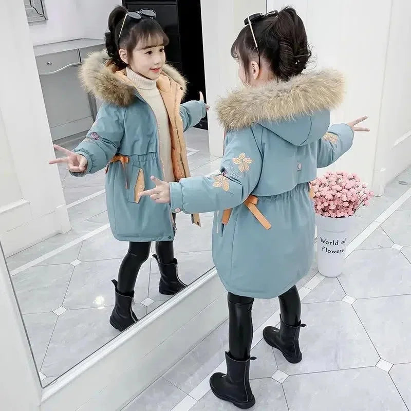 Warm Jackets for Girls Two Colors, Faux Fur Hooded Coat , White Duck Down Parkas