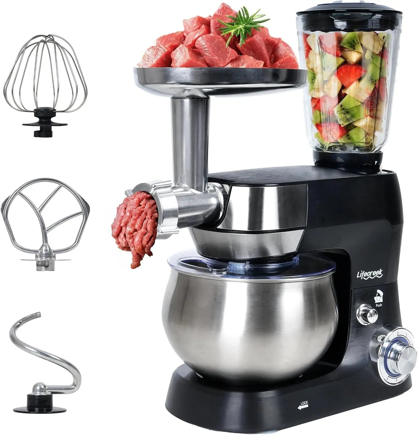 3-in-1 Multifunctional Stand Mixer, 5.3Qt 660W, 6-Speed Tilt-head with Stainless Steel Bowl, Meat Grinder, Juice Blender.
