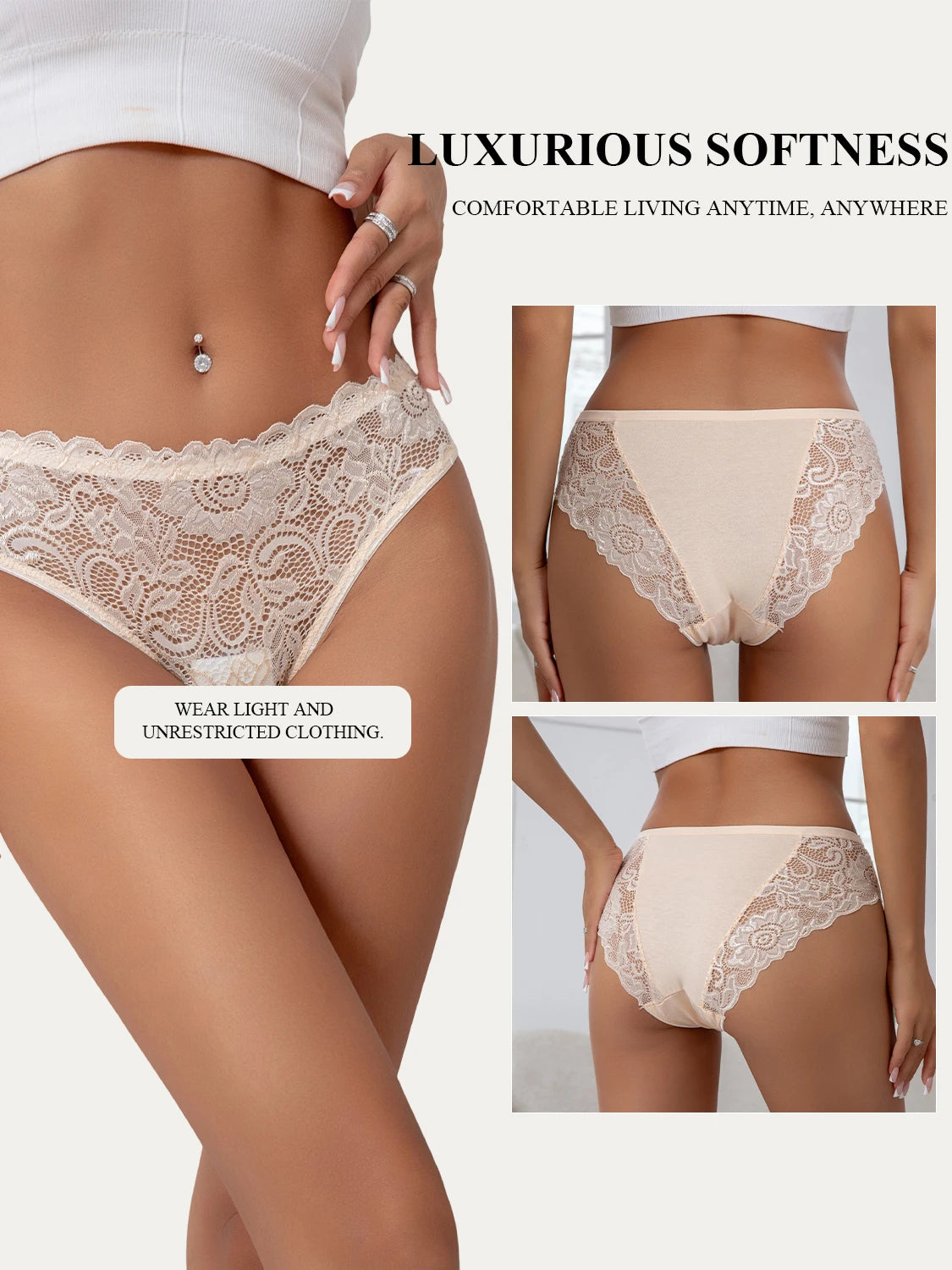 5PCS High End Lace Panties for Women, Pure Cotton Crotch Breathable Sexy Briefs Solid Color.