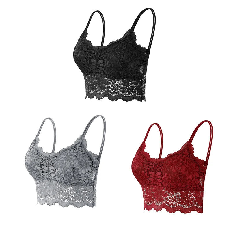 3PCS Women's Lace Top Comfortable Bralette, Solid Color Underwear Vest.