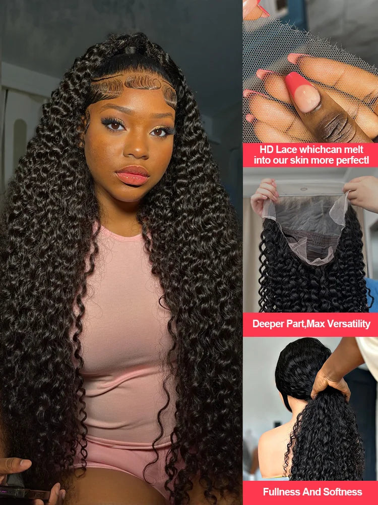 100% Human Hair 13x4 Deep Wave HD Lace Front Wig, 30 40 Inch Curly 13x6 Lace Frontal Wigs