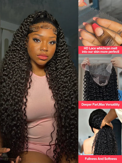 100% Human Hair 13x4 Deep Wave HD Lace Front Wig, 30 40 Inch Curly 13x6 Lace Frontal Wigs