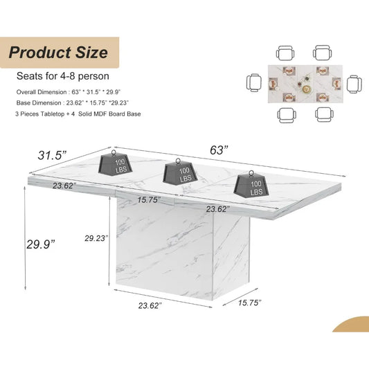 White Marble Dining Table with Heavy-Duty Pedestal, Suitable for Kitchen or Living Room