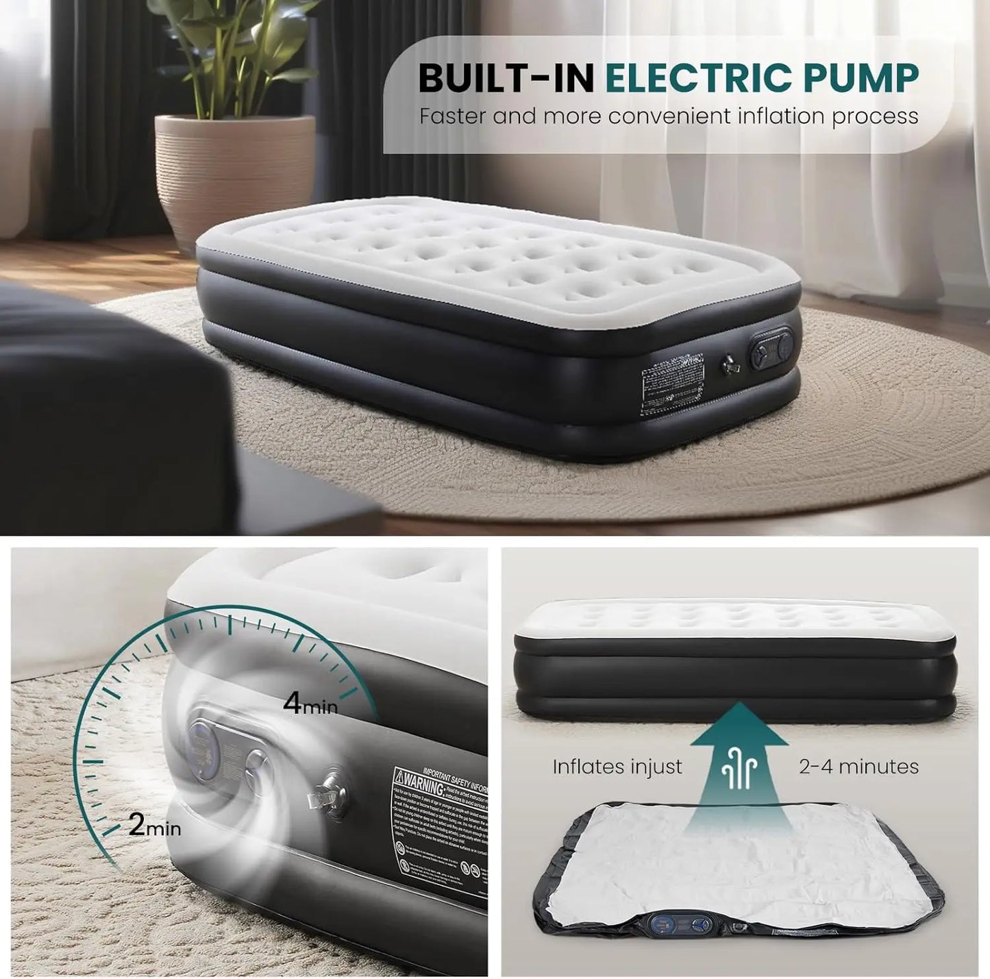 18-Inch Twin Air Mattress with Built-in Pump - Inflatable Bed for Camping, Home & Guests, Non-Slip Bottom, 660 lbs Capacity.