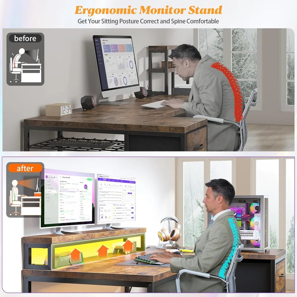 L Shaped Gaming Desk with LED Lights & Power Outlet 48Inch