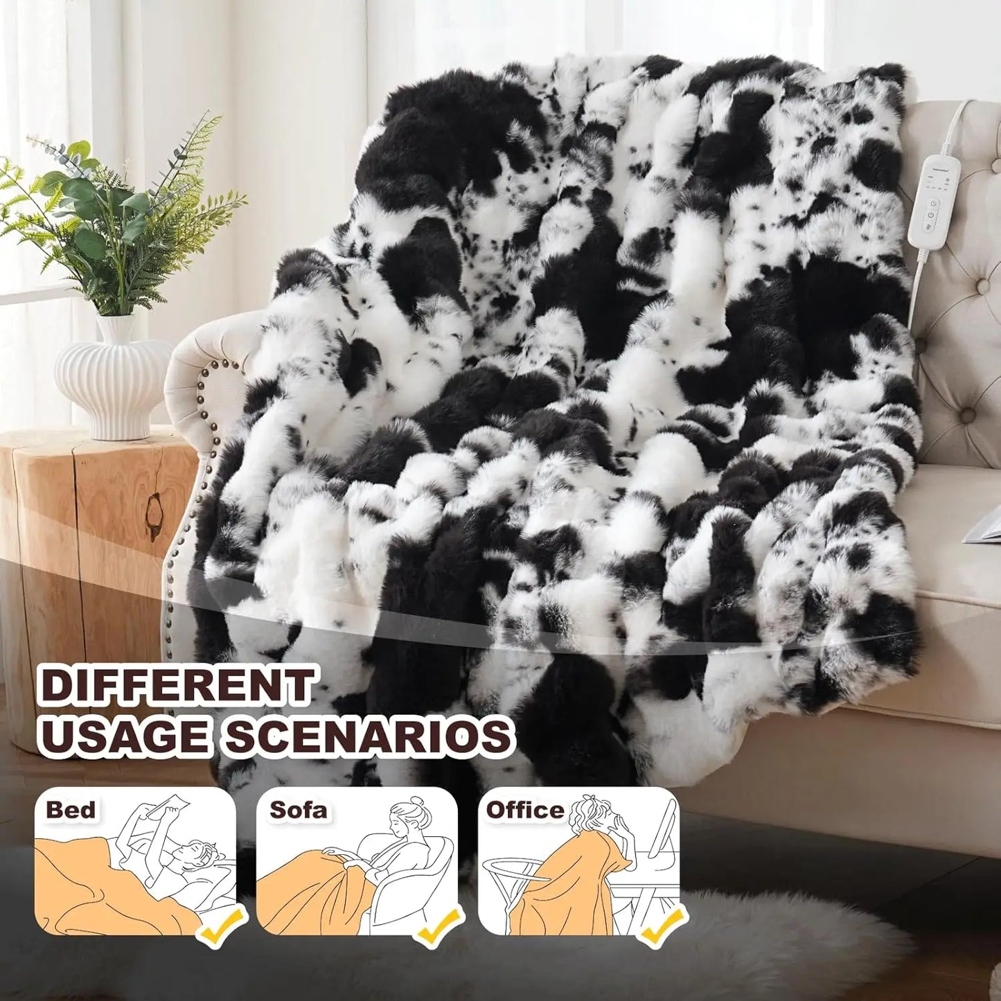 Electric Heated Cow Print Blanket, 8 Heat Settings, Overheat Protection, Machine Washable, 50x60 Inches.electric