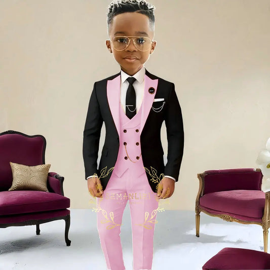 Boys Suit , Tuxedo Black Jacket, Beige Pants ,Vest 3 Pieces Set Kids 2-16 Years Old.