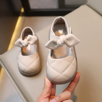 Children Leather Shoes for Girls  Shallow Bow Solid Color