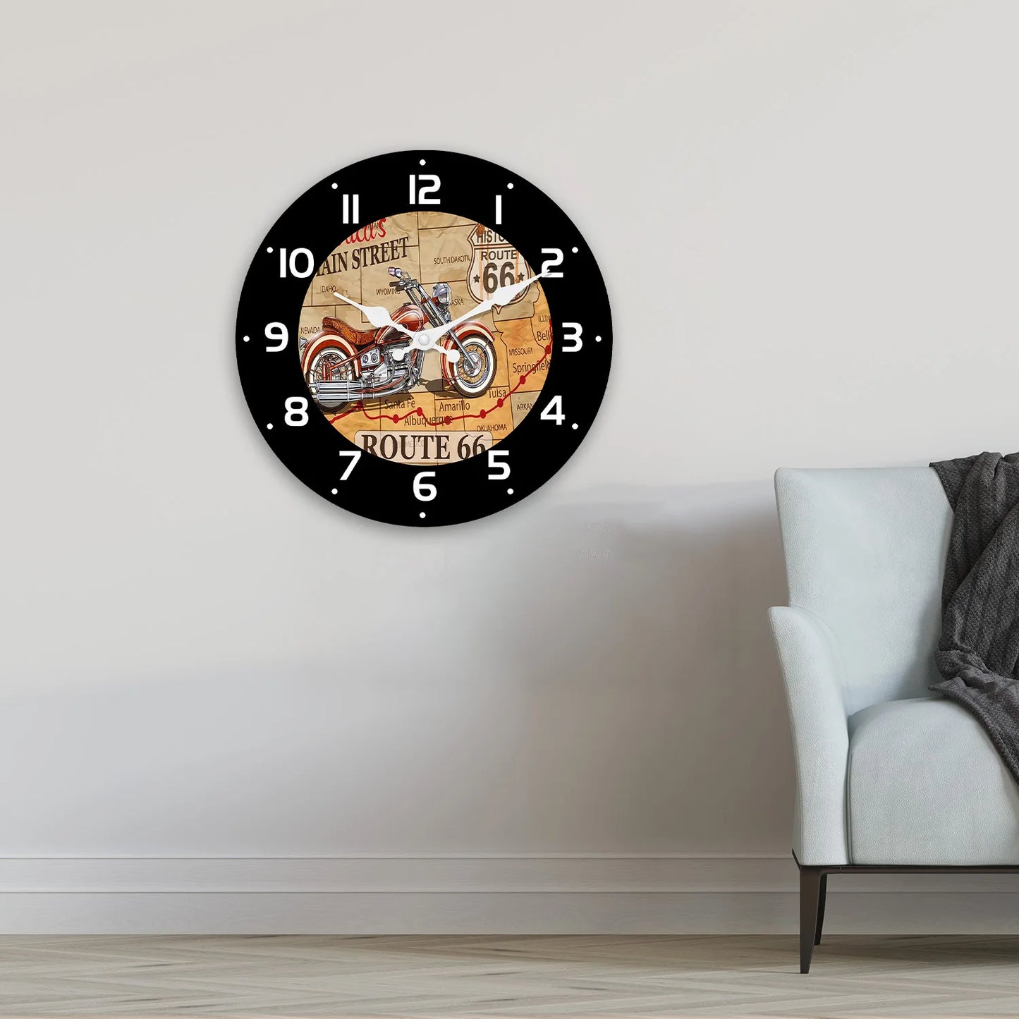 Fashionable No. 66 Road Motorcycle Wooden Wall Clock Living Room, Bedroom ,Kitchen, Home Decoration, (Without Batteries)