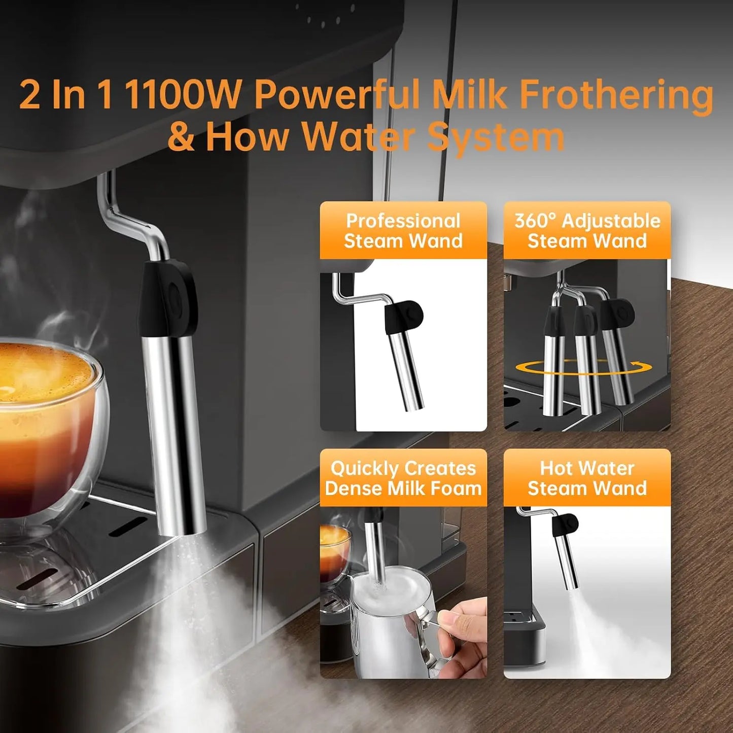 Espresso Machine 20 Bar, Stainless Steel Coffee Maker with Milk Frother, 60oz Removable Water Tank for Home.