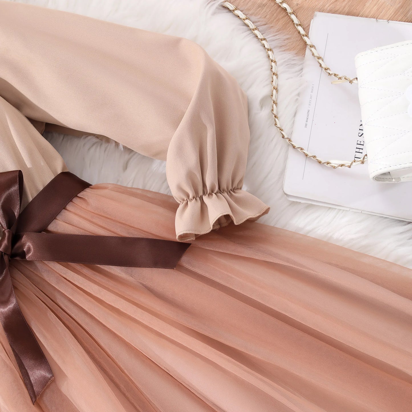 Girl long sleeved lapel solid color, mesh dress with woven waistband.