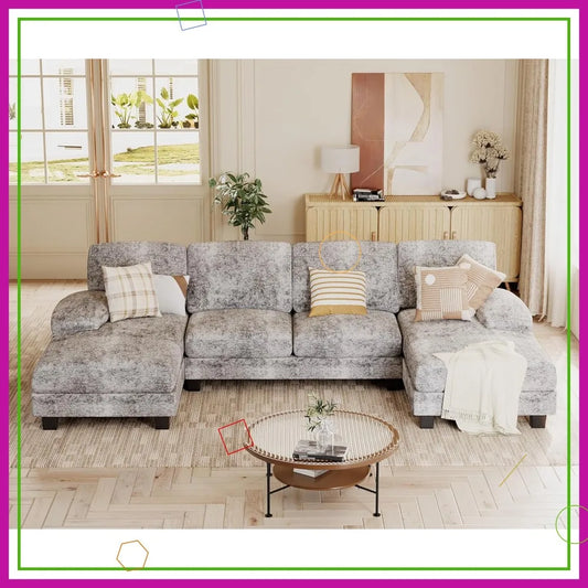 U-Shaped Sectional Sofa, 4-Seat Chenille Fabric Couch with Removable Pillows for Living Room, Apartment & Small Space (Grey)