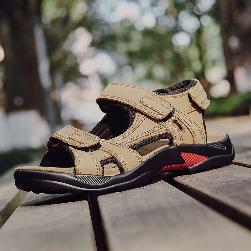 COW LEATHER Men Sandals Outdoor Beach Sports Shoes, Genuine Leather Roman Sandals Plus Size 38-48.
