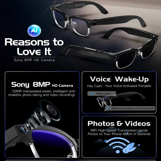 AI Smart Glasses 8 Million Pixels, Recording Videos, Photo Recognition, Answer, Translation, 290mAh IP66 Waterproof Bluetooth Glasses.