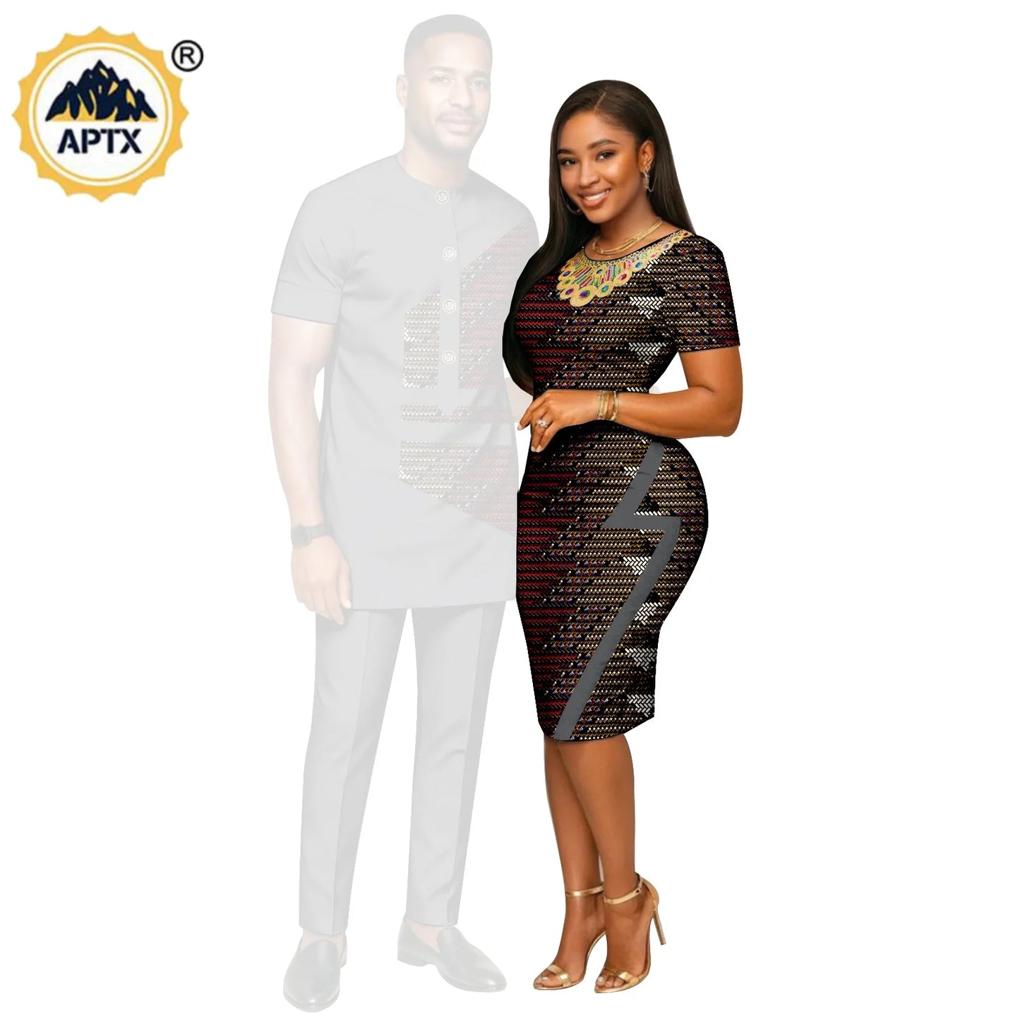 African Print Slim Hip Knee-length Dresses for Women, Matching Couple Outfits Dashiki Men Patchwork Top and Pant Sets 26C019.