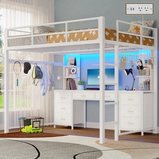 Full Metal Loft Bed with Desk, 8 Drawers Storage, Charging Station & LED Lights, Space-Saving.