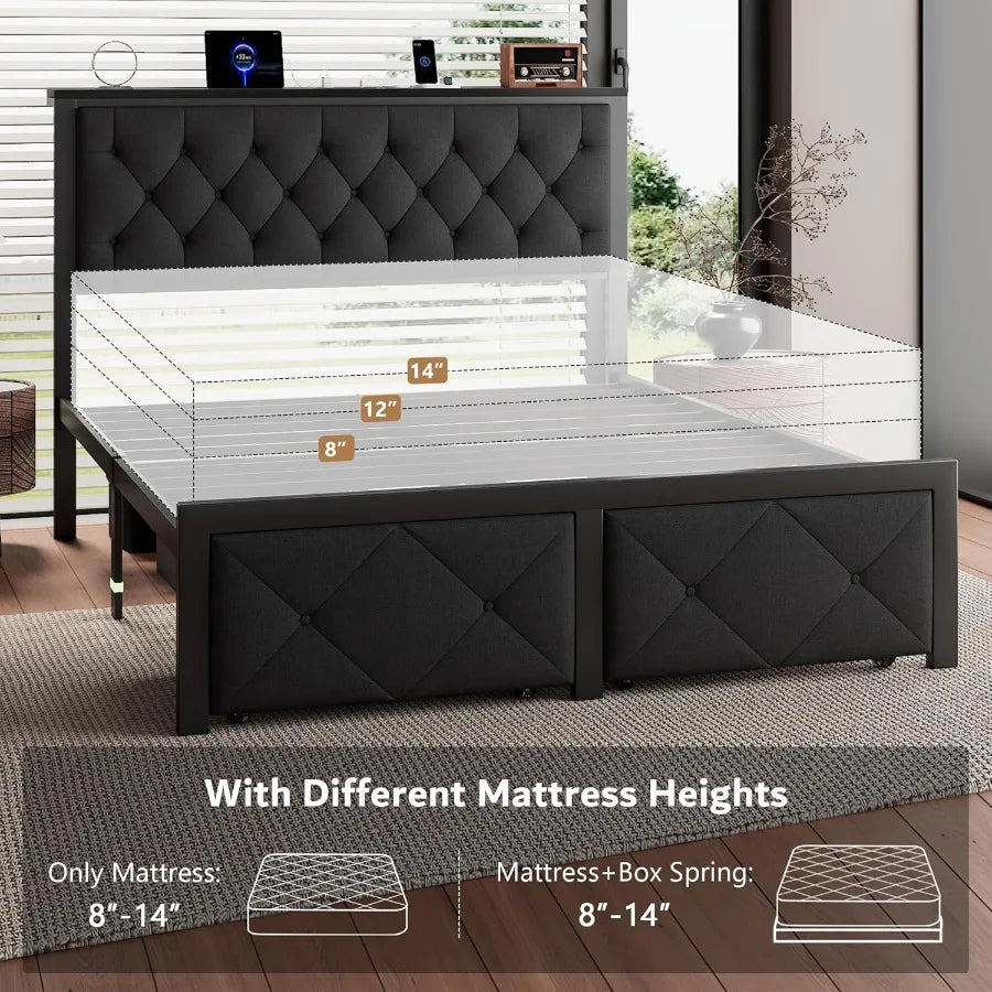 Full Bed Frame with 2 Storage Drawers Upholstered Headboard  Charging Station No Box Spring Needed Metal