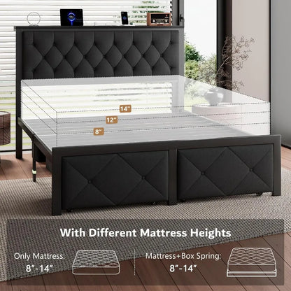 Full Bed Frame with 2 Storage Drawers Upholstered Headboard  Charging Station No Box Spring Needed Metal