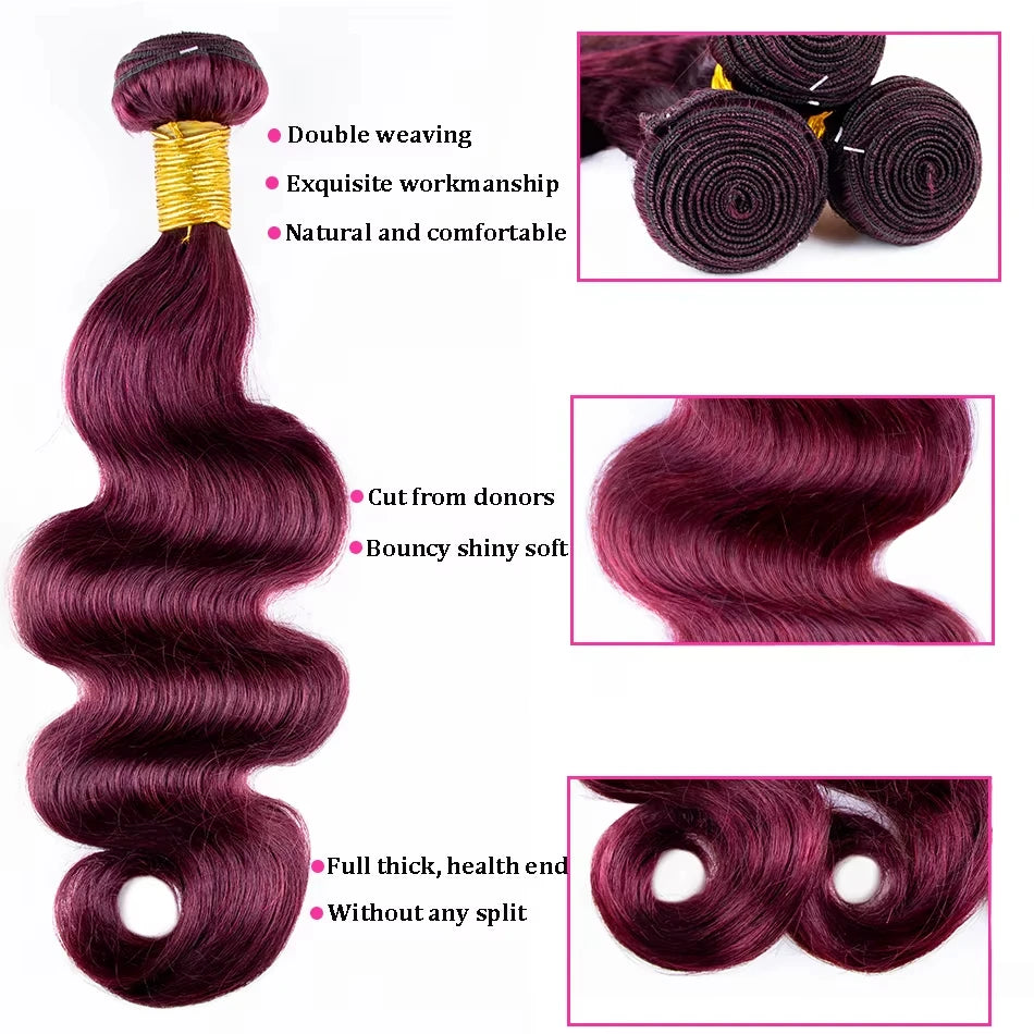 14A 99J Burgundy Body Wave Human Hair Bundles ,36 38 Inch Wine Red Brazilian 100% Unprocessed Raw Hair Bundles Extension Deals.