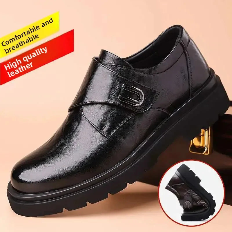 Casual Breathable Business Men Leather Shoes, Thick Bottom Slip-On Trendy Rubber Sole.
