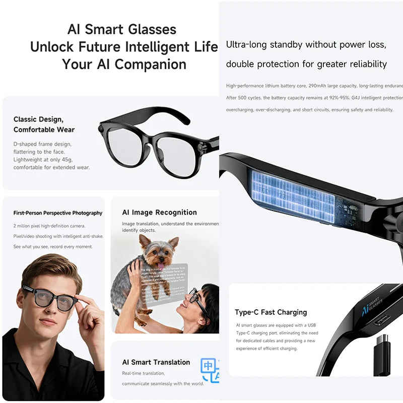 New 200W HD Camera Smart Glasses, AI Assistant Photo Recognition, Video Recording, 290mAh 512M Storage Smart Sunglasses.