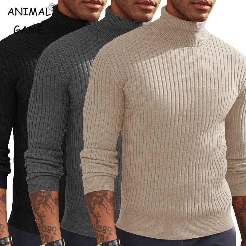 Autumn Men Slim Fit Long Sleeve Turtleneck Sweater Knitted Pullover.