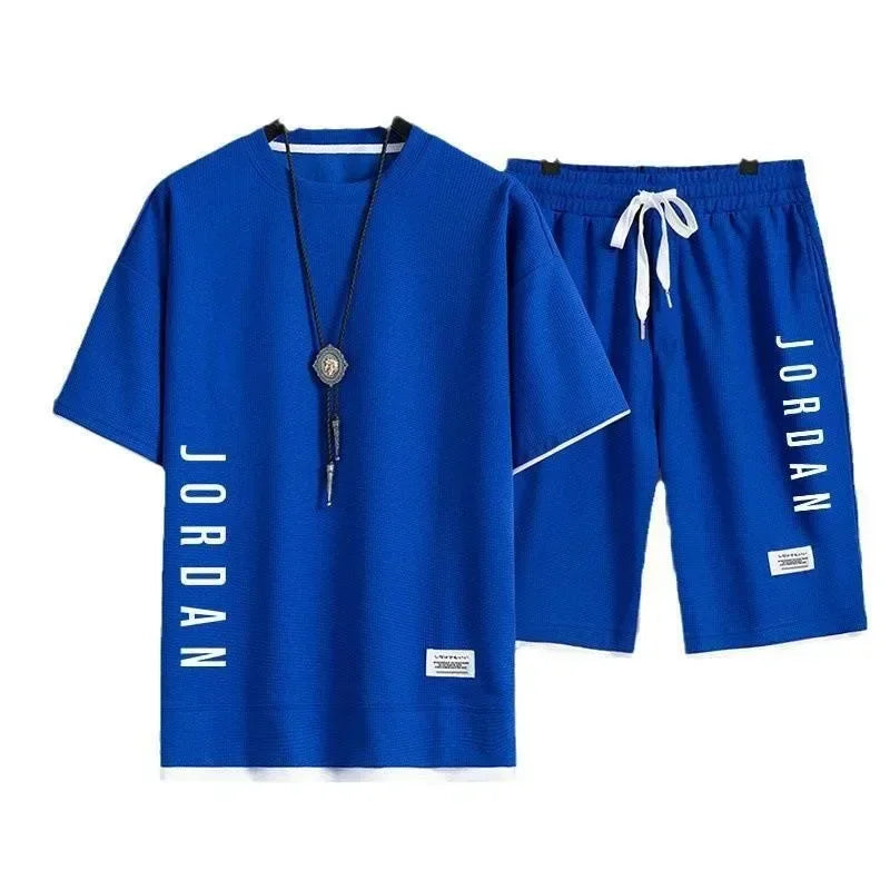 Stylish casual T-shirt + Shorts set Men Loose comfortable summer Waffle suit.
