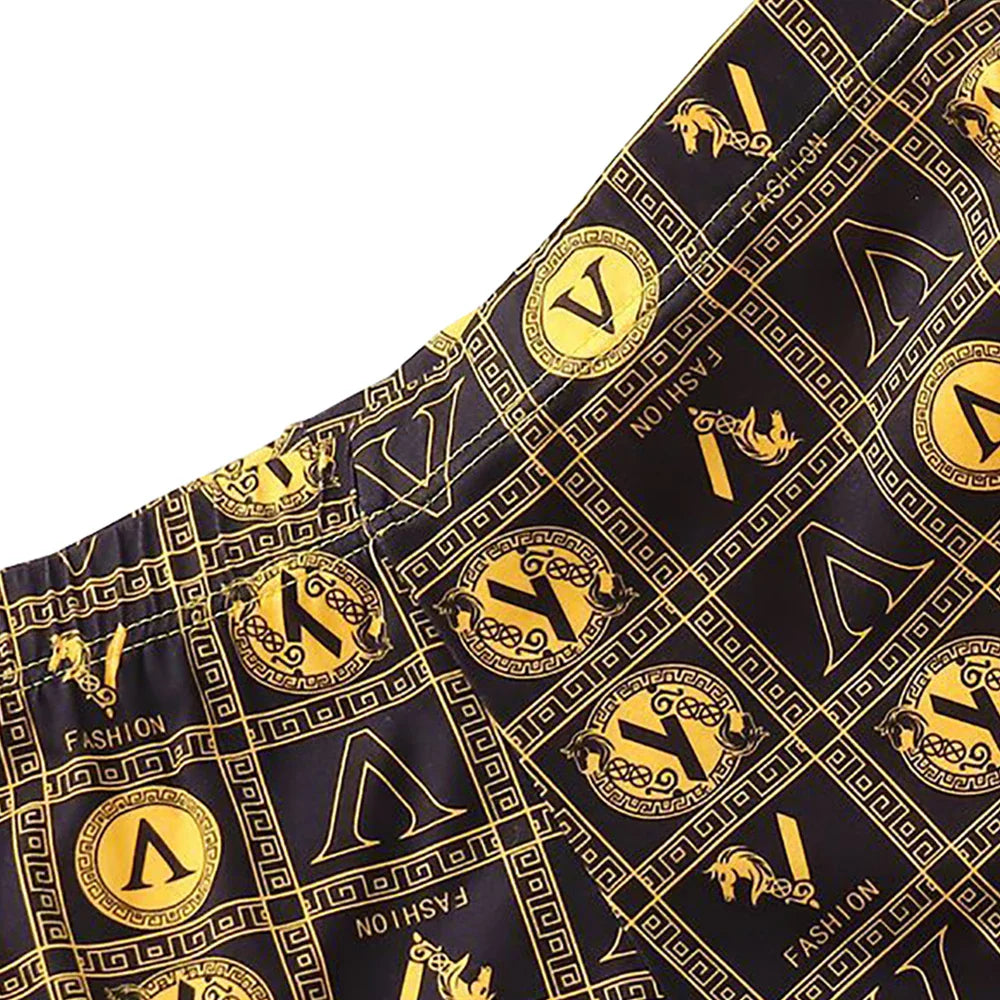 4pcs Luxury Men's Boxer, Golden Greek Letter Print, High Stretch Fabric Waistband.