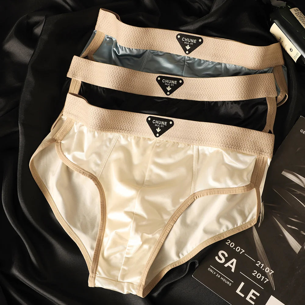 3PCS/Pack Luxury Satin-like Men Briefs, Ice Silk Hygroscopic Breathable Mesh Crotch High Elastic Men Underwear.