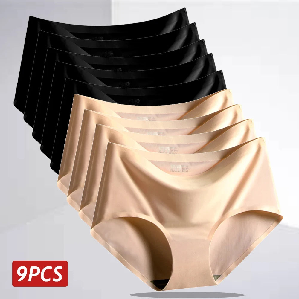 9PCS Ice Silk Seamless Panties For Women, Mid Rise Intimate Breathable Large Size Lingerie.