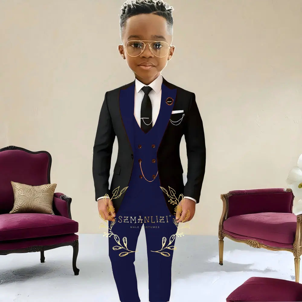 Boys Suit , Tuxedo Black Jacket, Beige Pants ,Vest 3 Pieces Set Kids 2-16 Years Old.