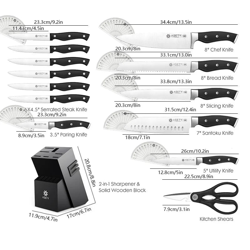 15 PCS Kitchen Knife Set, With Built-in Knife Sharpener Block, Professional Stainless Steel Knife Set.