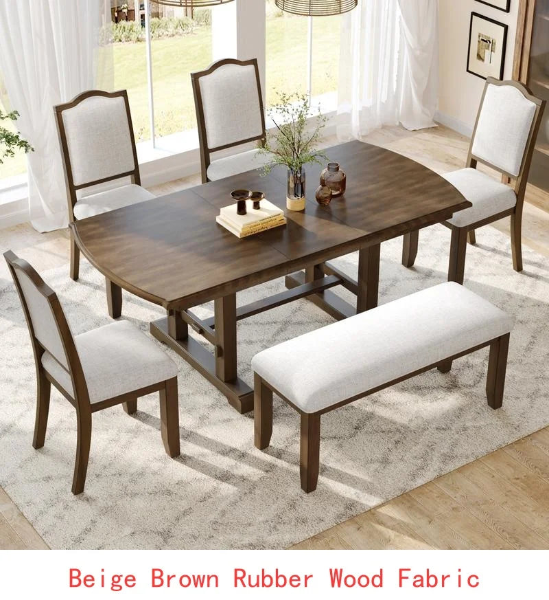 6-Piece Dining Set, Extendable 60-78 inch Wooden Table with Leaf, 4 Upholstered Chairs & Bench