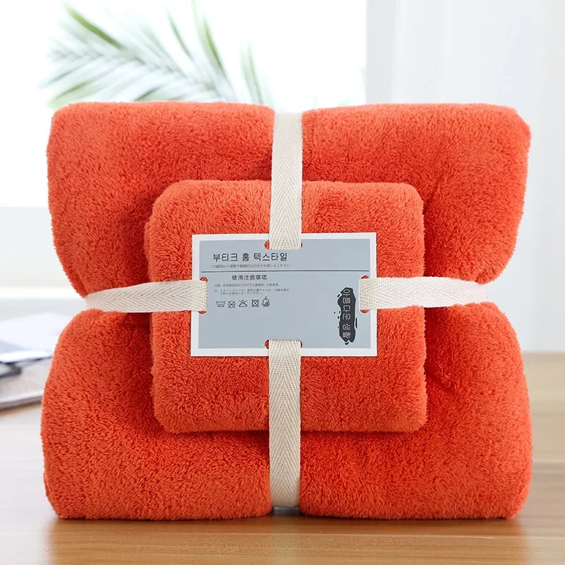 2pcs Set Luxury Super Large Towel Coral Fleece Bath Towel  Set for Adults 70x140cm 35x75cm
