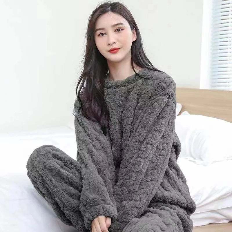 Thickened Warm Autumn and Winter Flannel Pajamas Women Long-Sleeved Loungewear