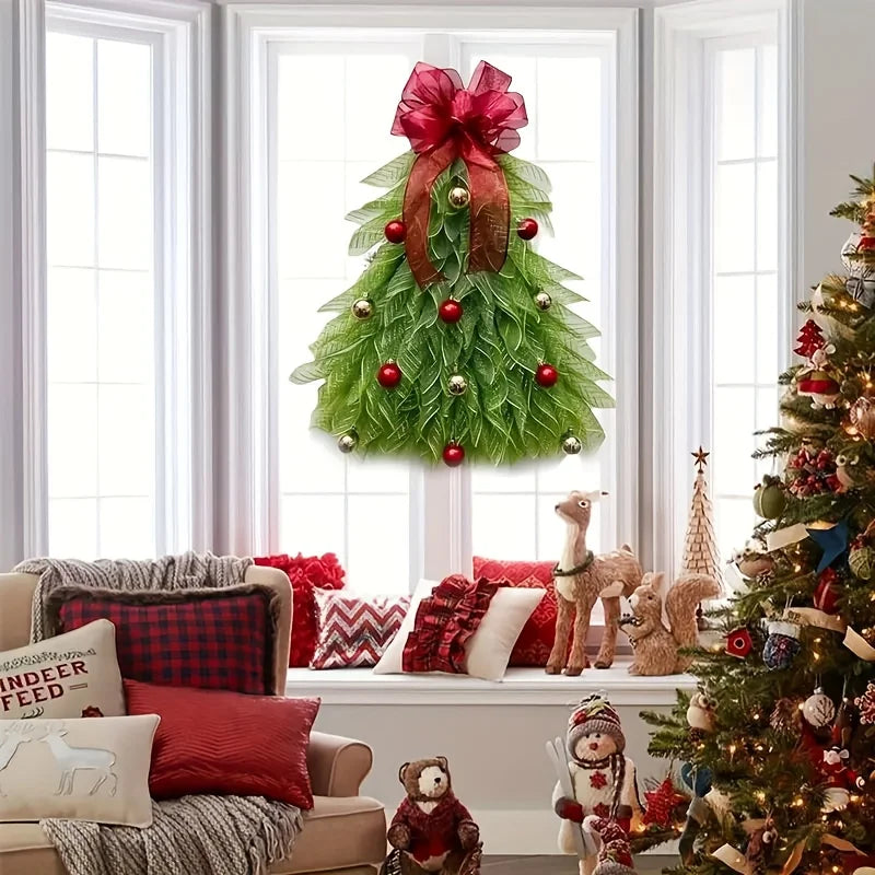 Elegant Door Decoration Red Ribbon ,Greenery & Golden Balls ,Easy Hang